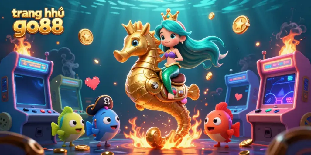 Experience the vibrant underwater gaming adventure on trang chủ go88 with a mermaid, seahorse, and arcade elements.