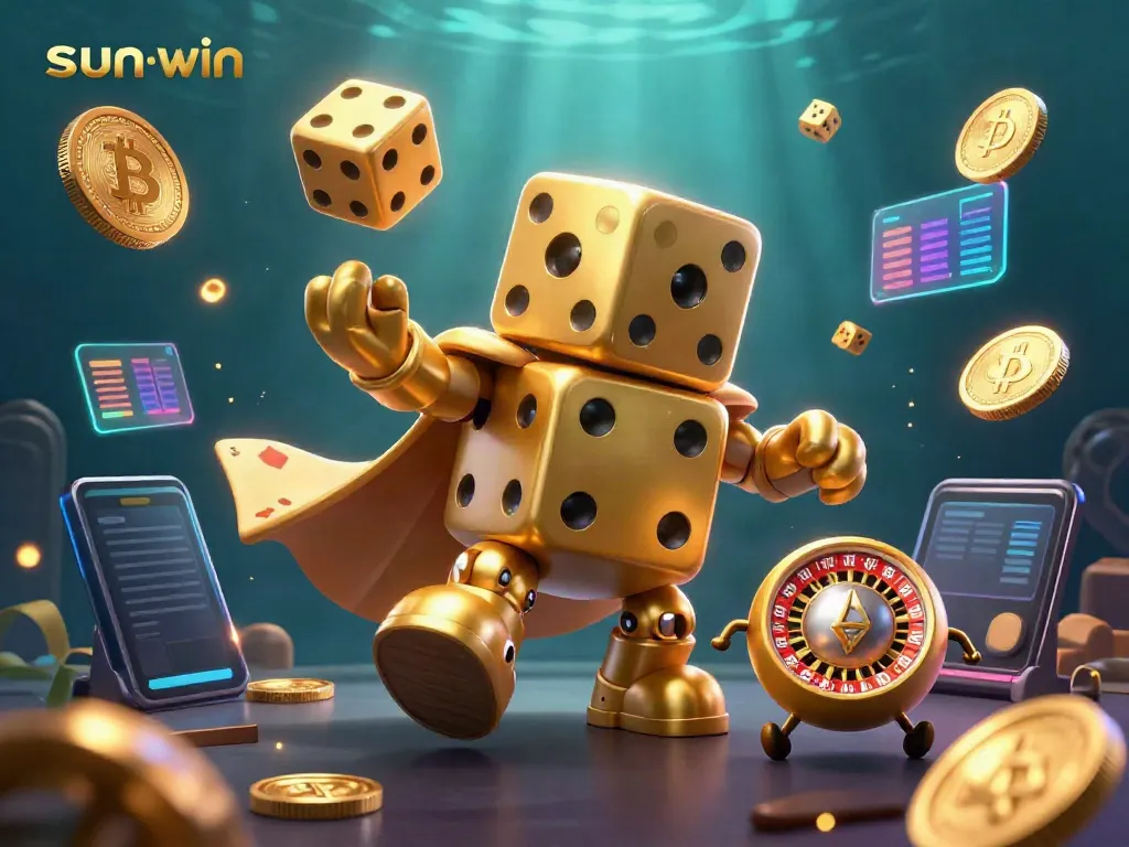 Engage with the sun-win casino scene featuring a dice golem and crypto-themed elements.