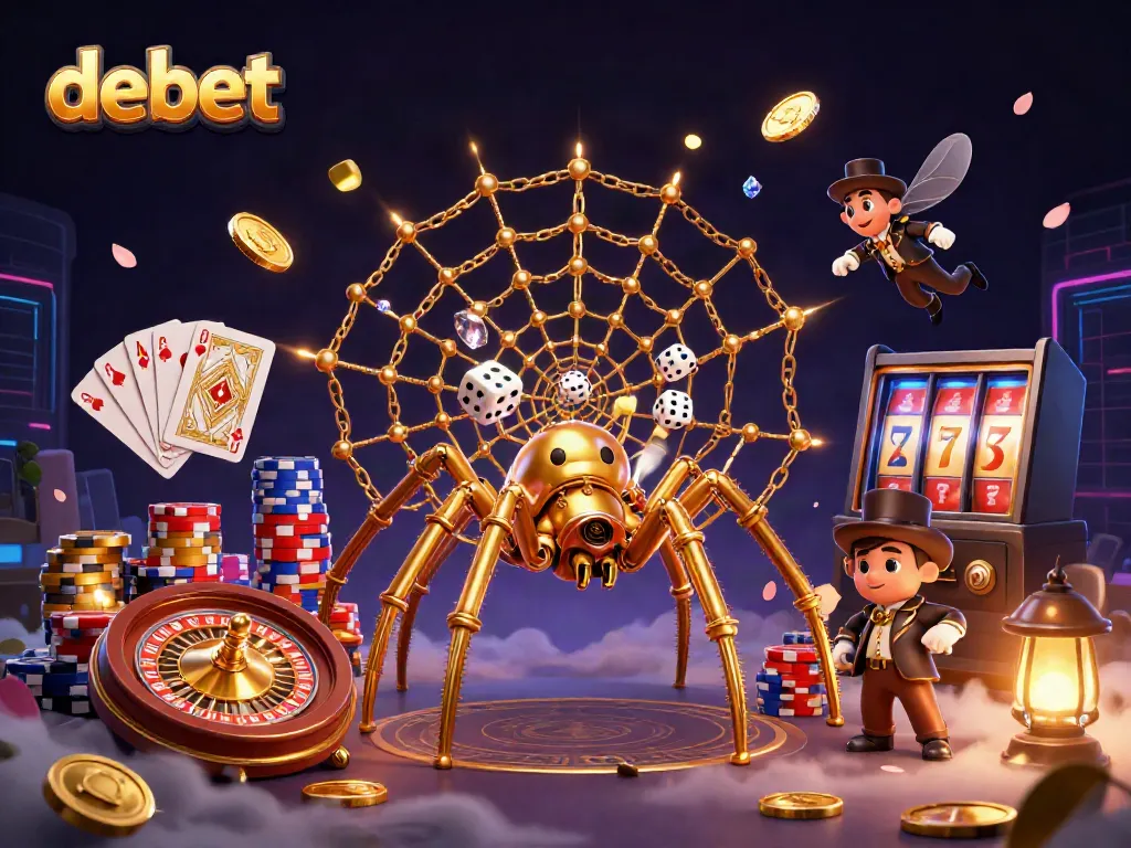 Experience the thrilling world of debet with a whimsical steampunk spider in a casino scene full of action.