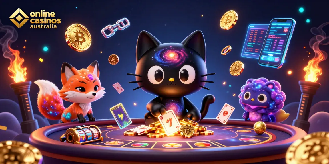 Engaging scene of online casinos Australia with a cosmic theme, featuring a black hole cat and colorful gas fox.