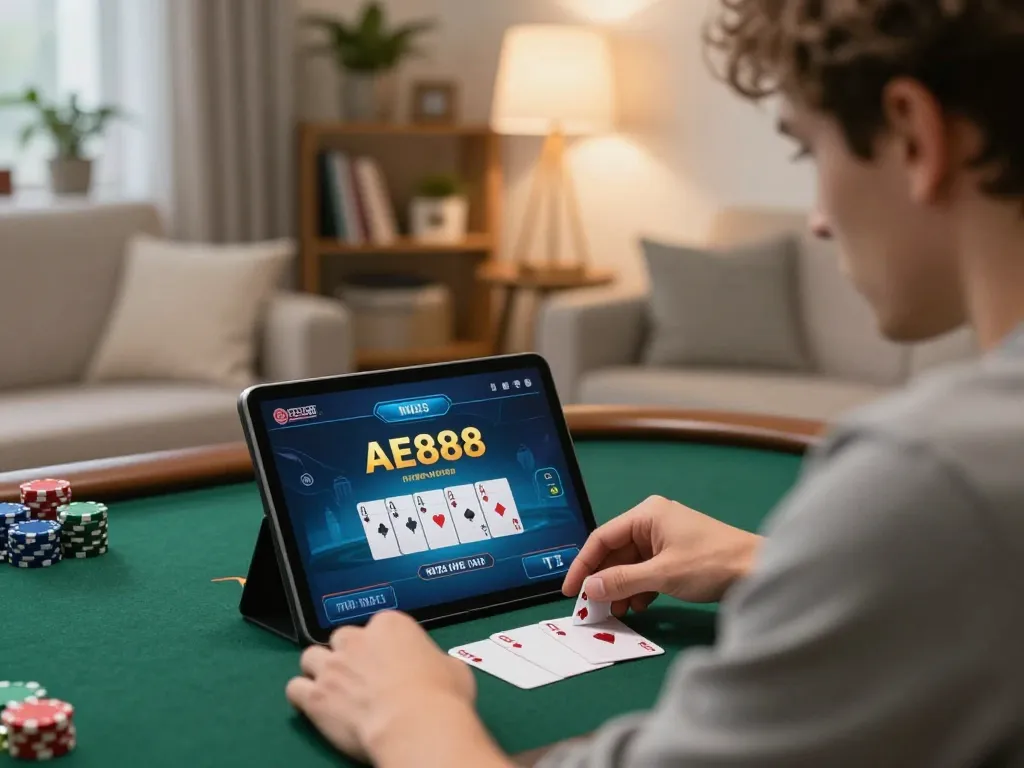 Player making strategic decisions in AE888 online poker game on a tablet in a cozy home setting.