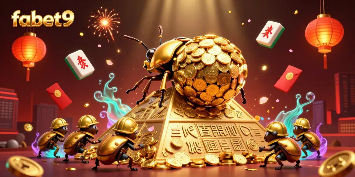 Experience excitement with fabet9 as a golden beetle rolls coins through a lively casino scene.