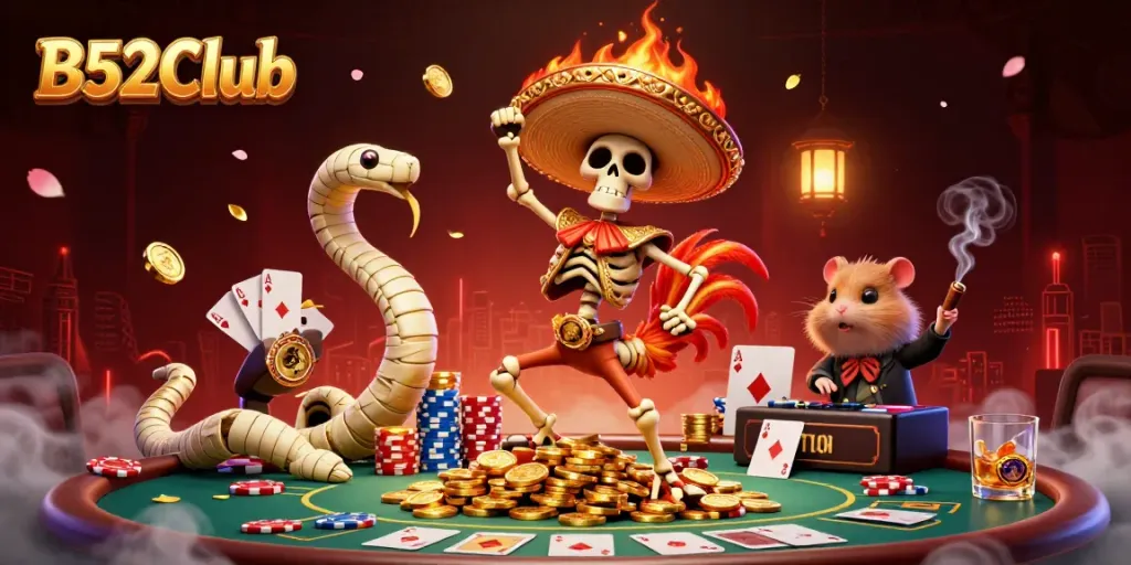 Engage with B52Club's exciting gaming world featuring a victory dance amidst poker games and golden treasures.