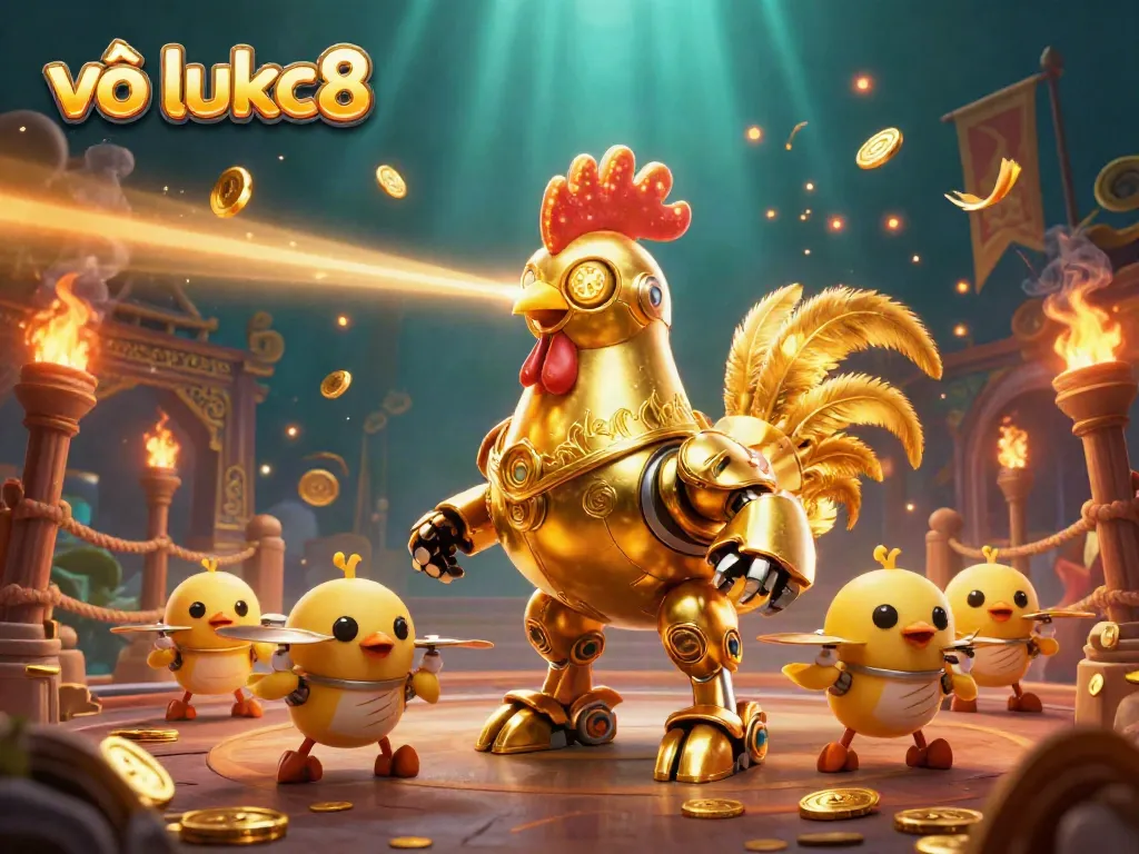Experience the excitement of vào lukc8 with a dynamic illustration showcasing a golden rooster robot in a casino setting.