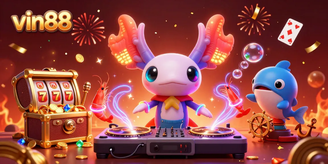 Experience thrilling action at vin88 with our vibrant underwater casino scene featuring a DJ axolotl.