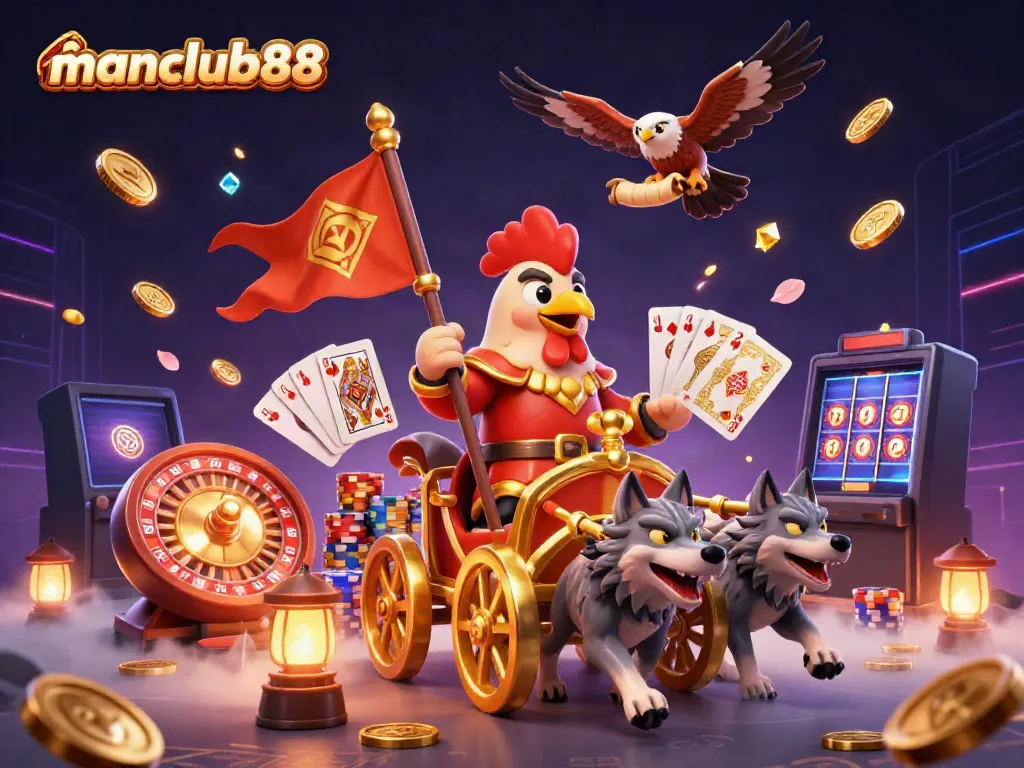 manclub88 showcases an exciting casino scene with a rooster warlord and dynamic elements.