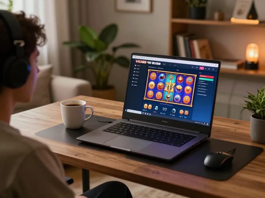Engaging gameplay on vic88 club showcasing vibrant slot games on a modern laptop in a cozy home environment.
