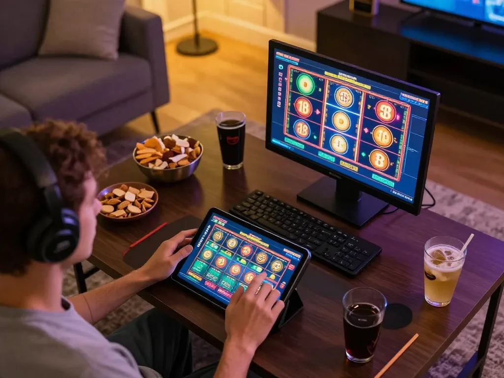 Njuter av casino utan spelpaus på en surfplatta under en mysig hemmakväll med snacks runt omkring.