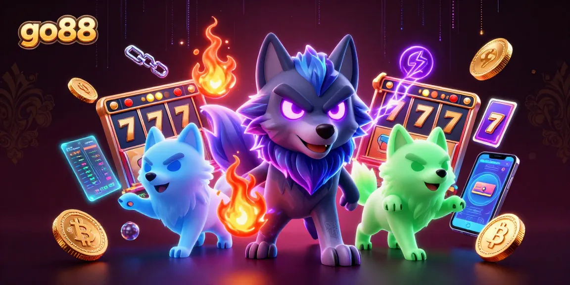 Engage with go88's vibrant slot gaming scene featuring glowing wolf characters, neon coins, and rich visual elements.