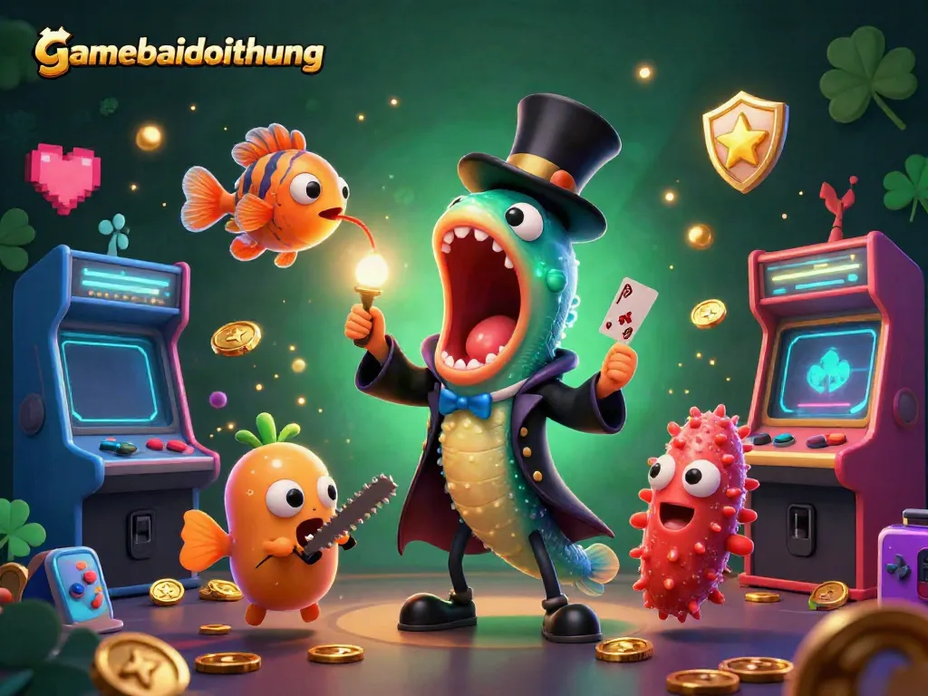 Engaging gamebaidoithuong characters performing card tricks in a vibrant casino arcade setting.