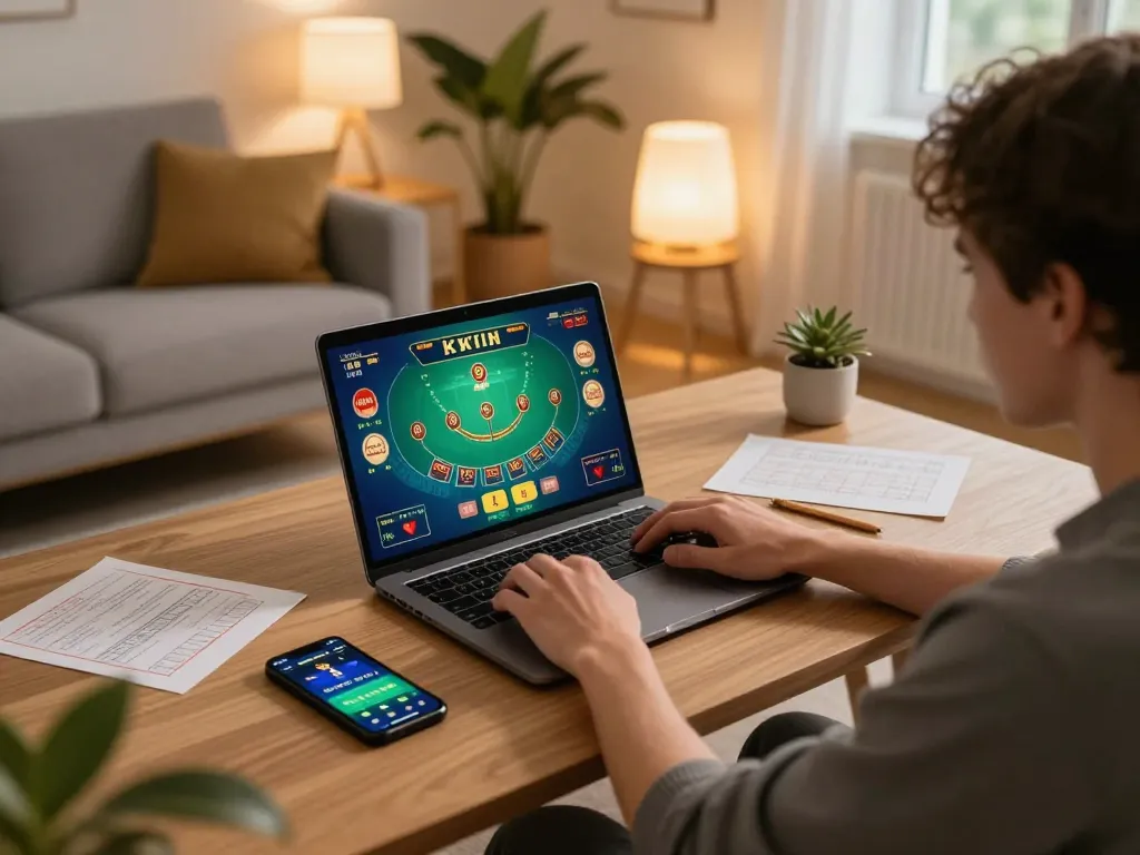 Engaged player using kwin on laptop for an exciting online blackjack game in a cozy home.