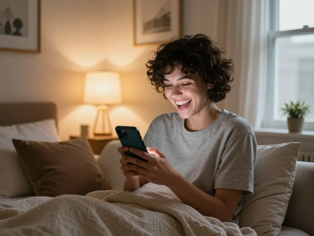 Engaging sexting AI interaction on smartphone in cozy bedroom.