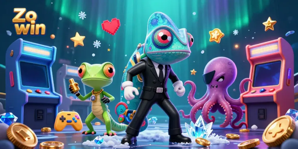 Engage in thrilling entertainment at Zo win with a vibrant online casino scene featuring colorful games and lively characters.
