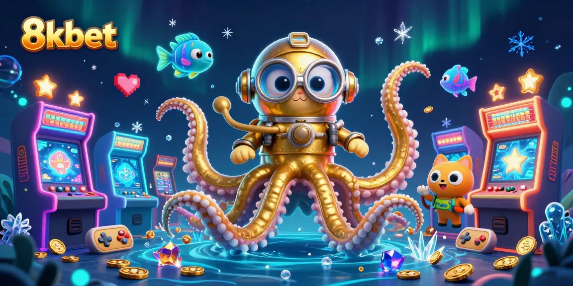 8kbet showcases a vibrant 3D illustration of a kraken amidst arcade games and gold coins in a lively casino scene.