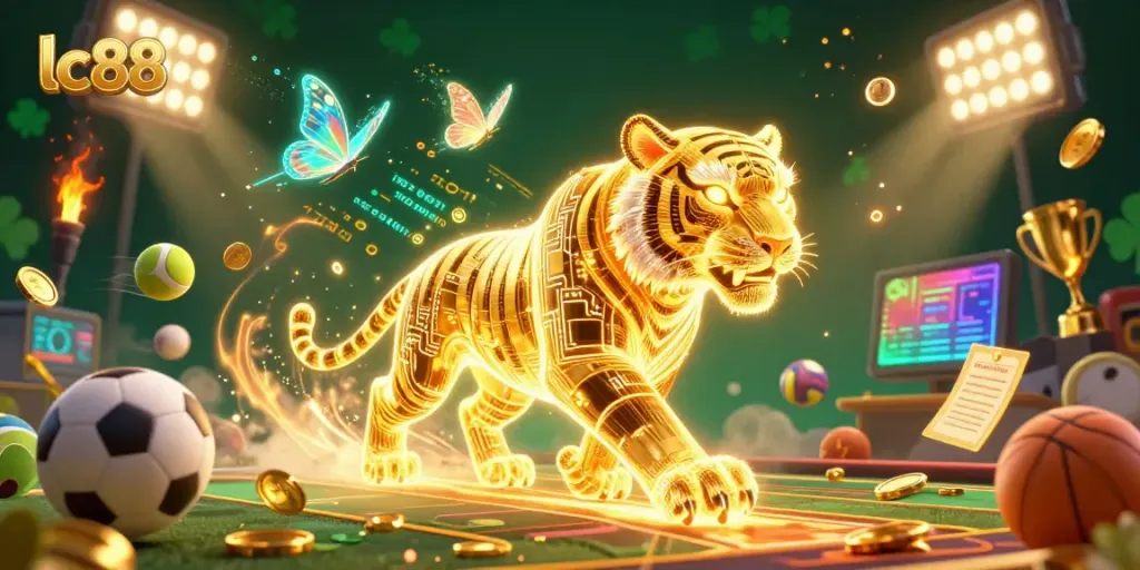 Experience the excitement of lc88 with a dynamic casino scene featuring a neon golden tiger and sports elements.