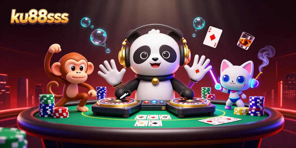 ku88sss sparks excitement with a vibrant casino scene featuring a DJ panda, dancing monkey, and rave kitten.