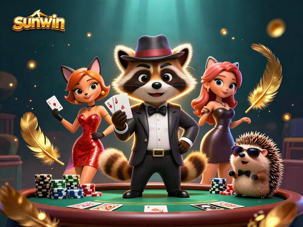 Join the excitement at sunwin with a suave raccoon, charming fox, and bouncer in a vivid casino setting.