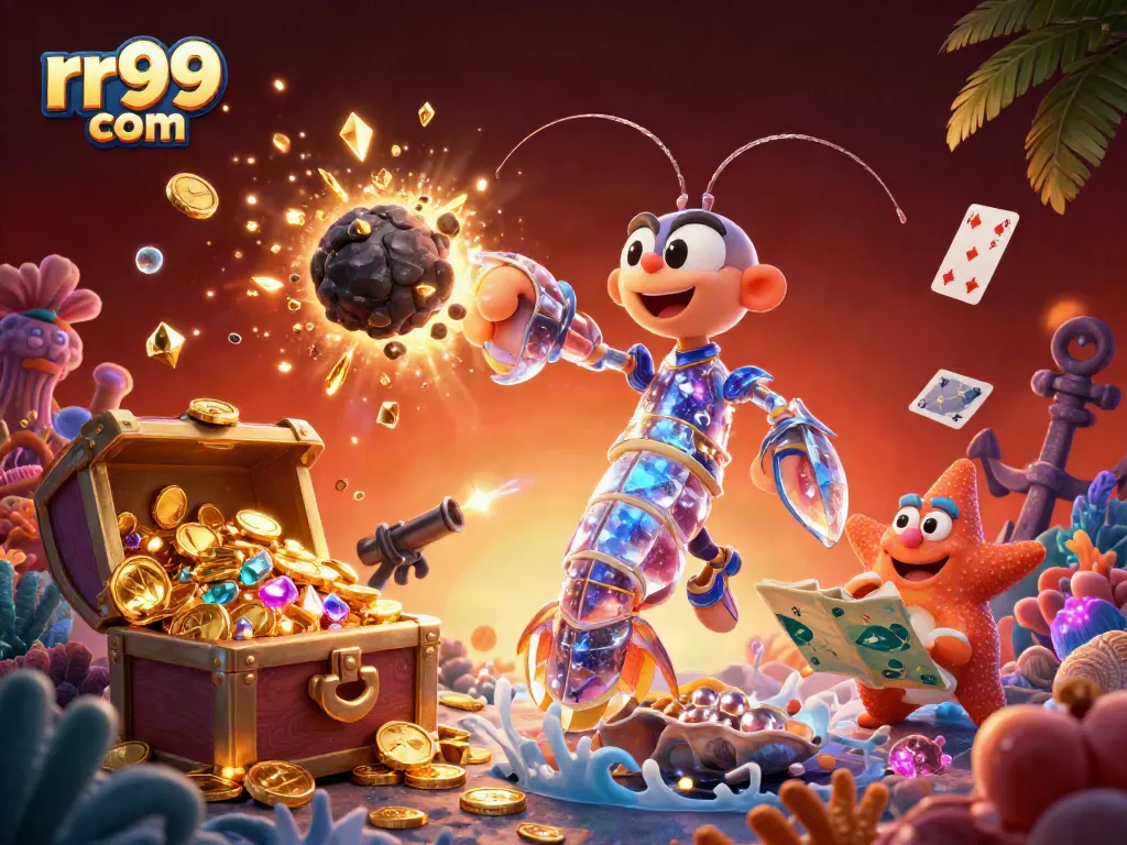 Experience rr99 com thrills with a galactic samurai mantis shrimp amidst dazzling gems and coins.