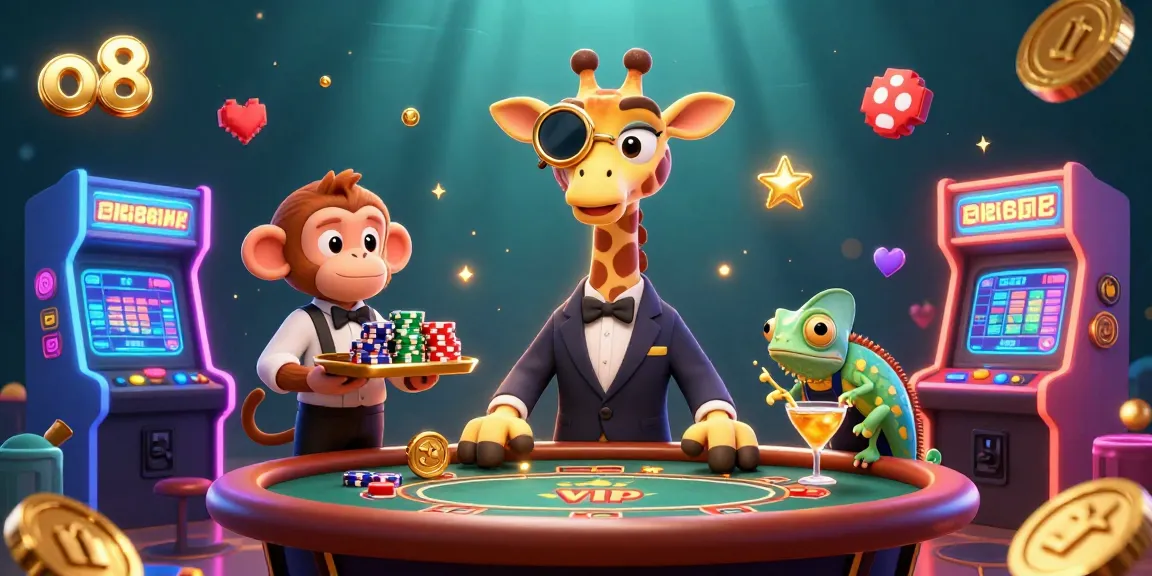 Gamblers join o8's vibrant casino scene, featuring a giraffe dealer and monkey valet.