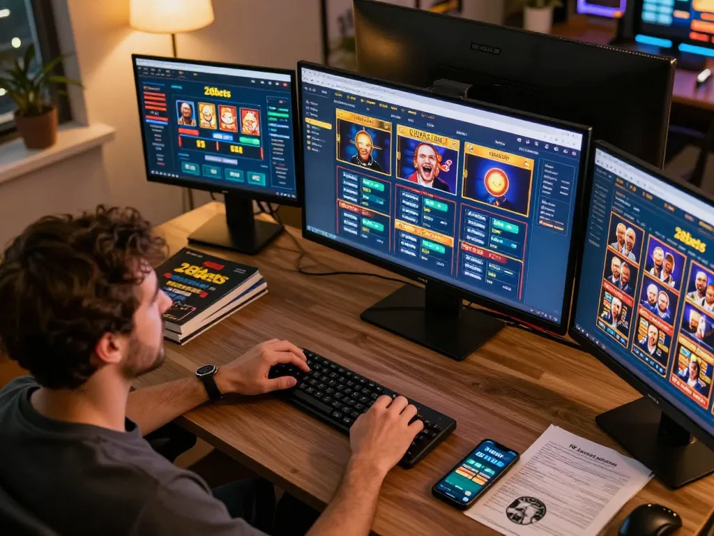 Player analyzing betting options on the 28bets casino platform in a modern home setting.