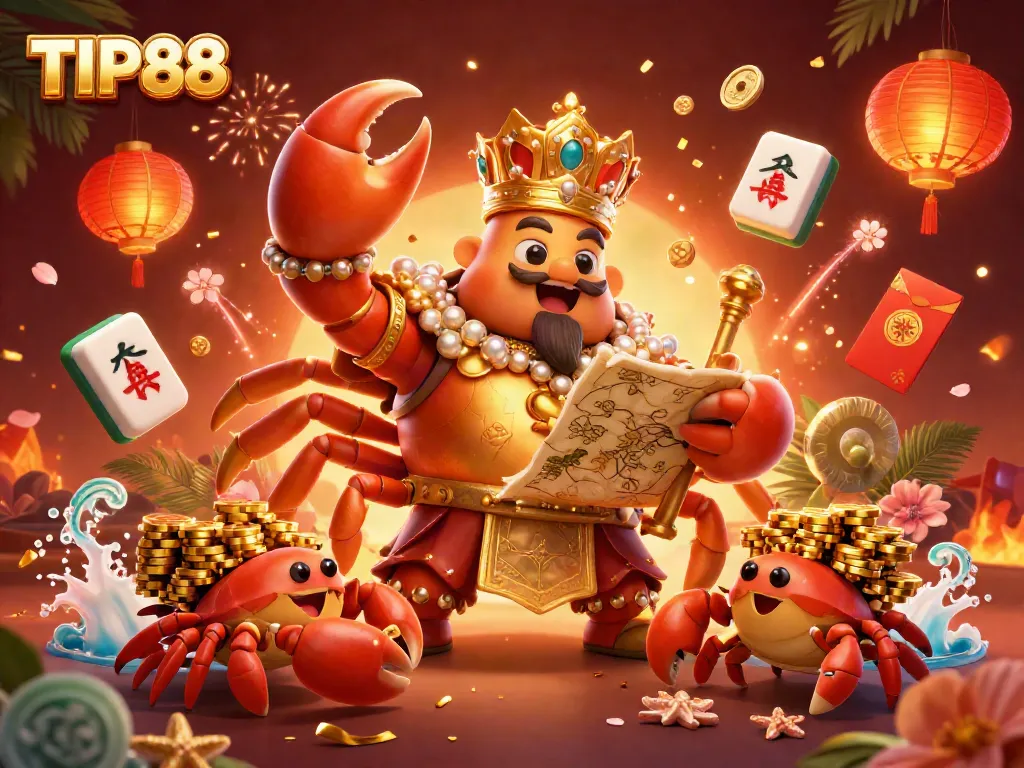 Engage with TIP88 in a vibrant, dynamic live casino scene featuring a golden crab emperor amidst festive elements.