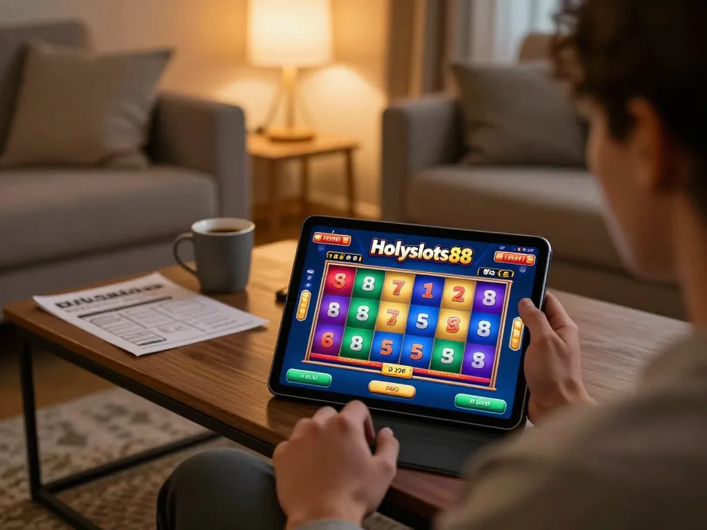 Player engaging with Holyslots88 online casino app on a tablet in a cozy home setup.