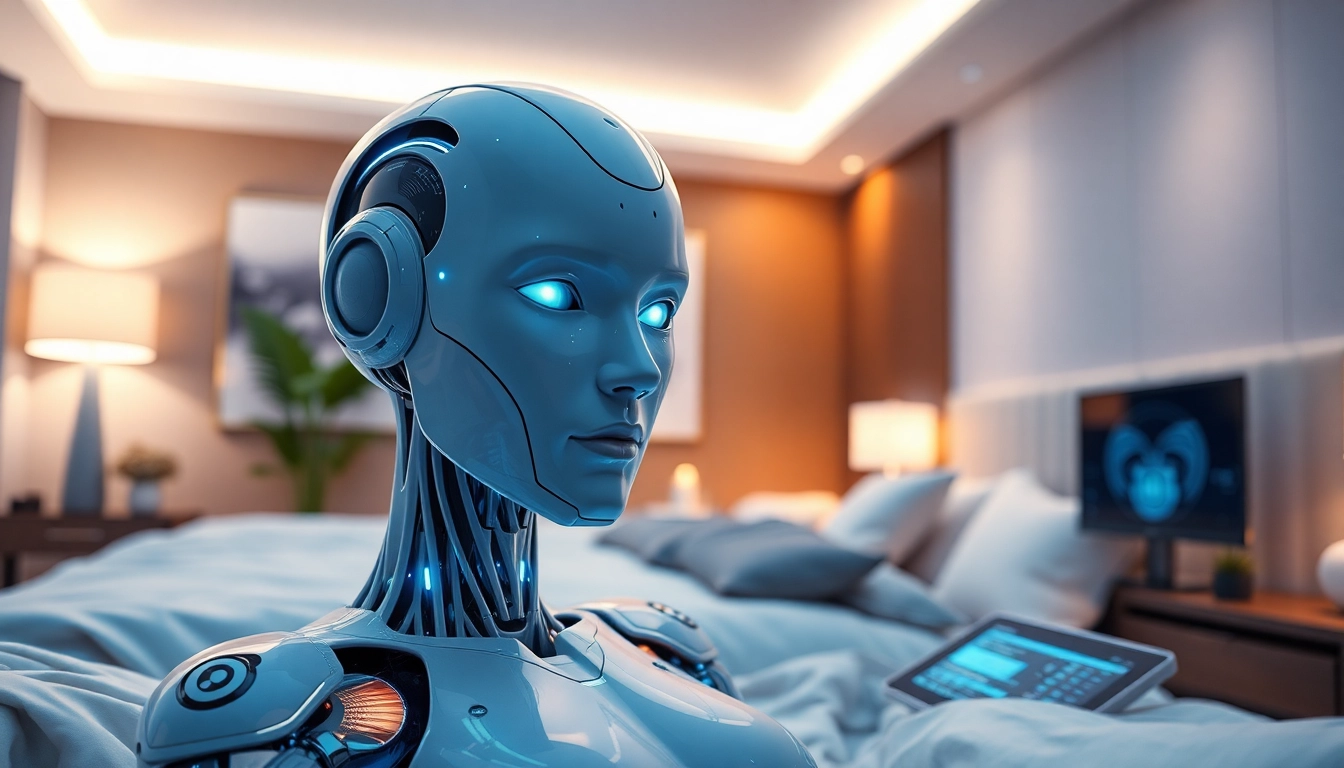 Humanoid AI sex bot in a luxurious bedroom, showcasing advanced technology and design.