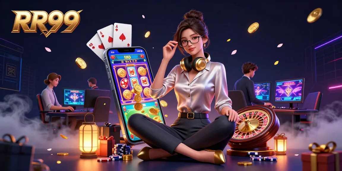 Engage in thrilling casino gameplay with RR99 while surrounded by vibrant slot games, coins, and cards.