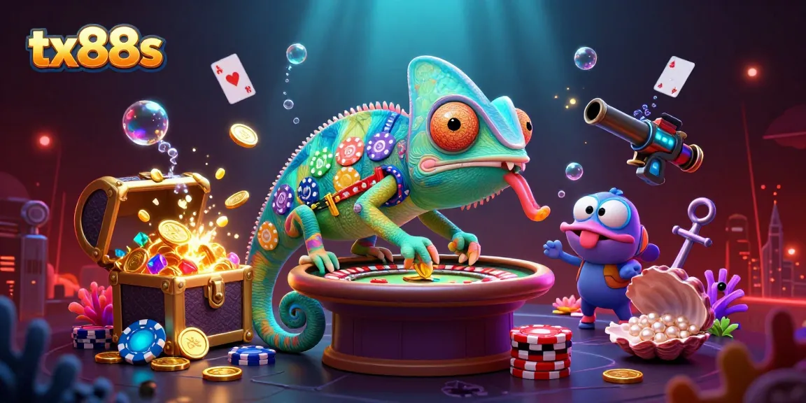 Experience the vibrant gaming atmosphere at tx88s with a lively chameleon casino owner watching the action.
