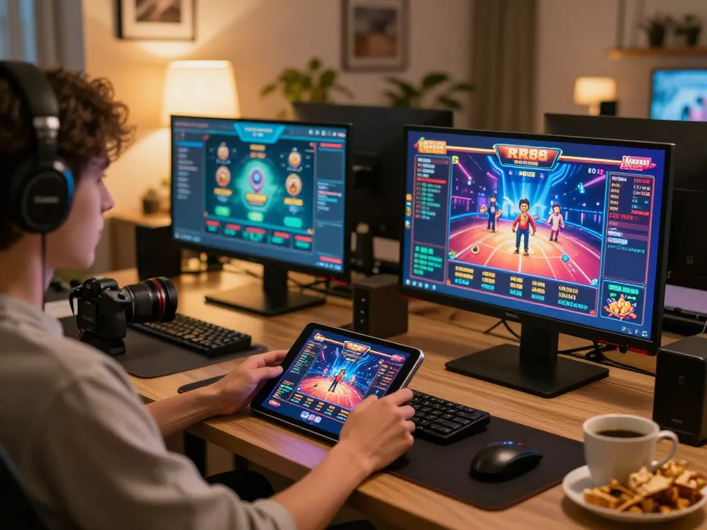 Engaging player enjoying RR88 games on tablet in modern home gaming setup, showcasing online strategy and comfort.