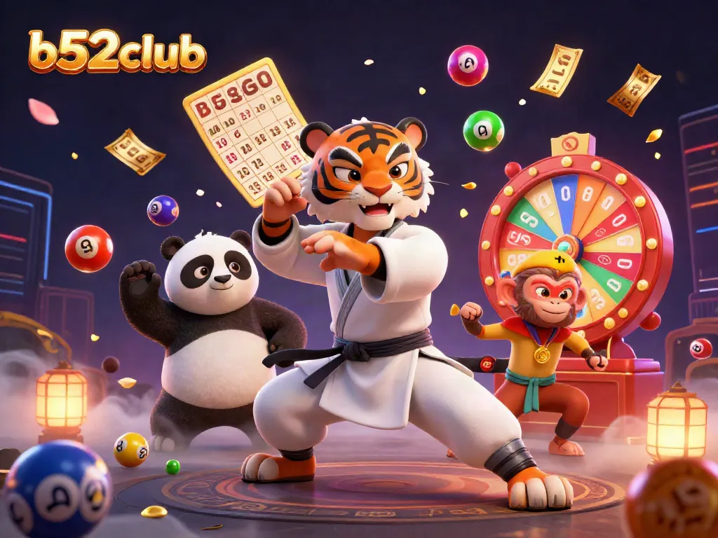 Engage with b52club's exciting gambling scene featuring vibrant lottery elements and playful characters.