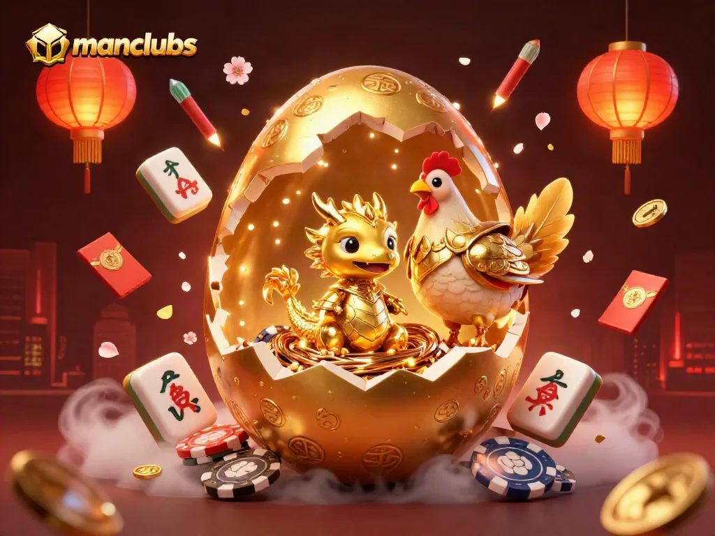 Win big with manclubs in this vibrant 3D gaming illustration featuring an epic dragon and poker chips.