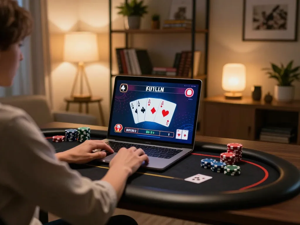 Player engaging with online poker on uu88.com, showcasing chips and cards in a cozy home setup