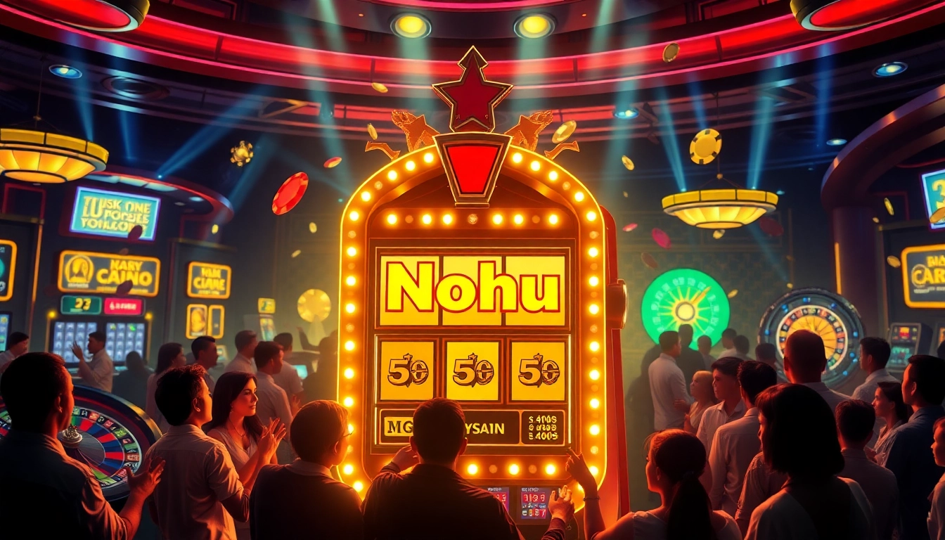 Nohu slot machine in an exciting casino environment with vibrant colors and enthusiastic players.