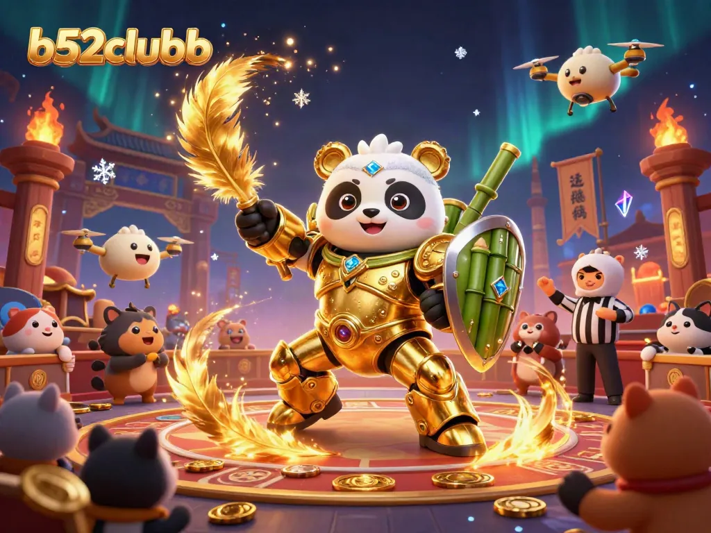 Engage in thrilling action with b52clubb featuring a golden panda piloting a robot in a vibrant casino arena.
