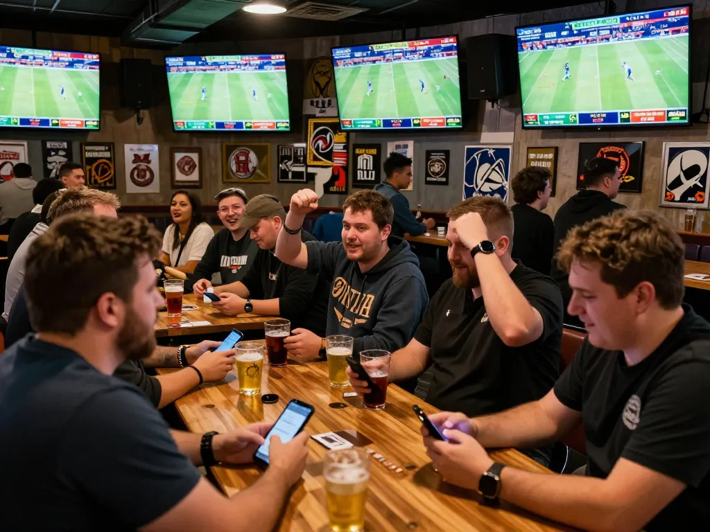 Fans engaging with Fun88 betting apps while watching live sports in a vibrant bar setting.