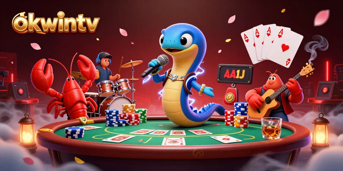 okwintv's electric eel DJ energizing an underwater casino with poker elements and vibrant characters.