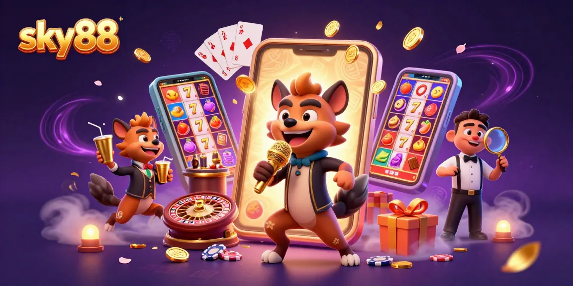 Enjoying the fun at sky88 casino with lively hyenas and vibrant gaming elements.