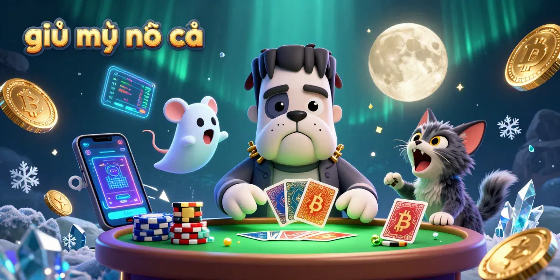 Engage with giải mã nhà cái as the Frankenstein bulldog monster deals cards at a cryptic casino table.
