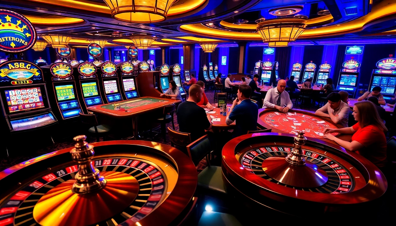 Naga99 players strategizing at a luxurious poker table in a vibrant casino.
