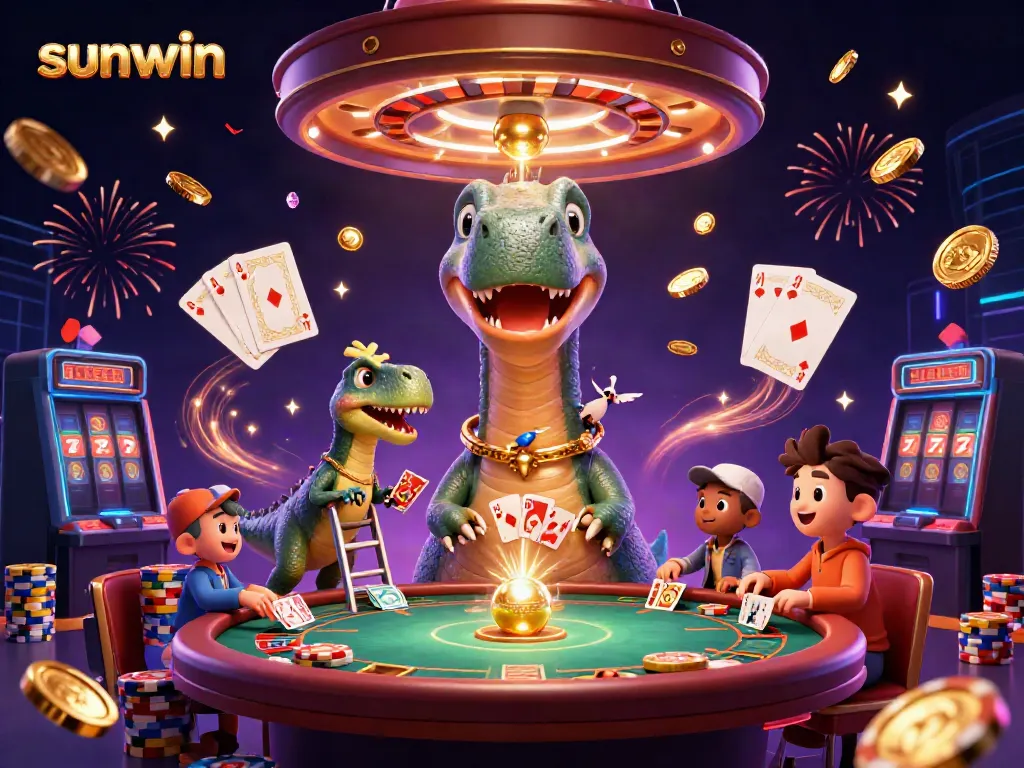 Engage with sunwin's vibrant casino scene featuring a giant brontosaurus and dynamic card dealing.