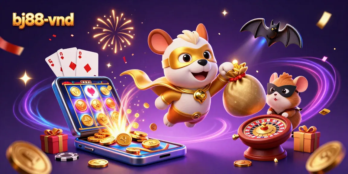 Experience the excitement of bj88-vnd with a superhero dog and hamster in a dynamic casino scene.