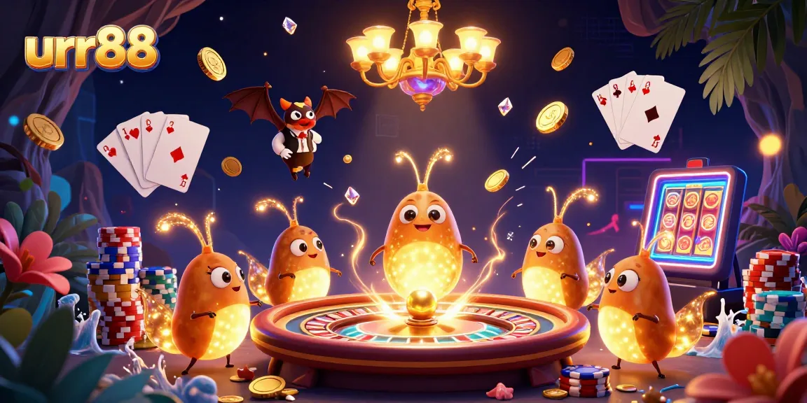 Experience the thrill of urr88 casino as glowing glowworms light up a vibrant scene with games, coins, and excitement.