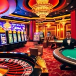 E2bet gamers placing bets at a luxurious online casino with vibrant slot machines and a roulette wheel.