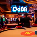 A thrilling casino experience at Da88 with vibrant slot machines and eager players winning big.