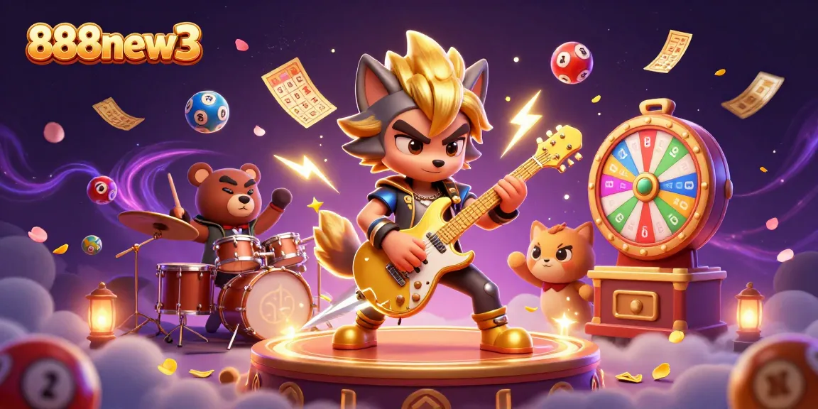 Experience the vibrant energy of 888new3 with a rock star wolf, colorful lottery balls, and dynamic casino effects.