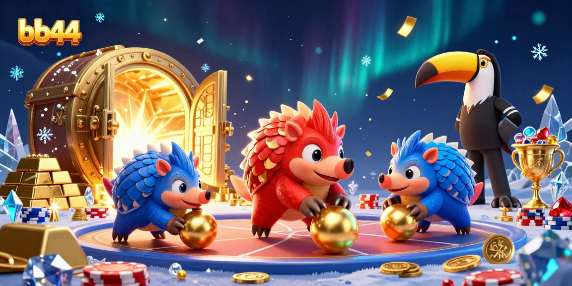bb44 pangolins bowling through poker chips, vibrant casino scene illustration