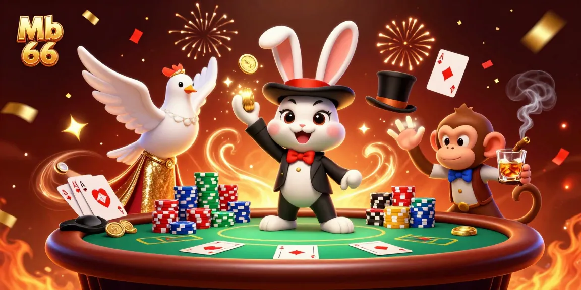 Experience Mb 66 excitement as a magician rabbit conjures coins amidst poker chips and celebratory confetti.