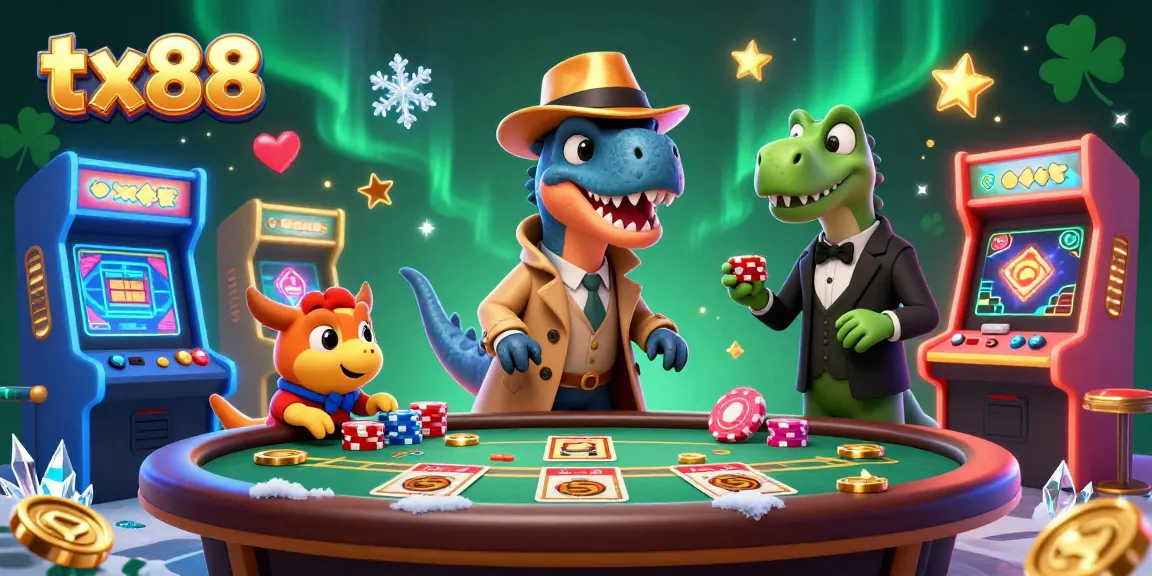 Engage in exciting gameplay at tx88 with a humorous scene of a velociraptor card counter and friends in a bustling casino.