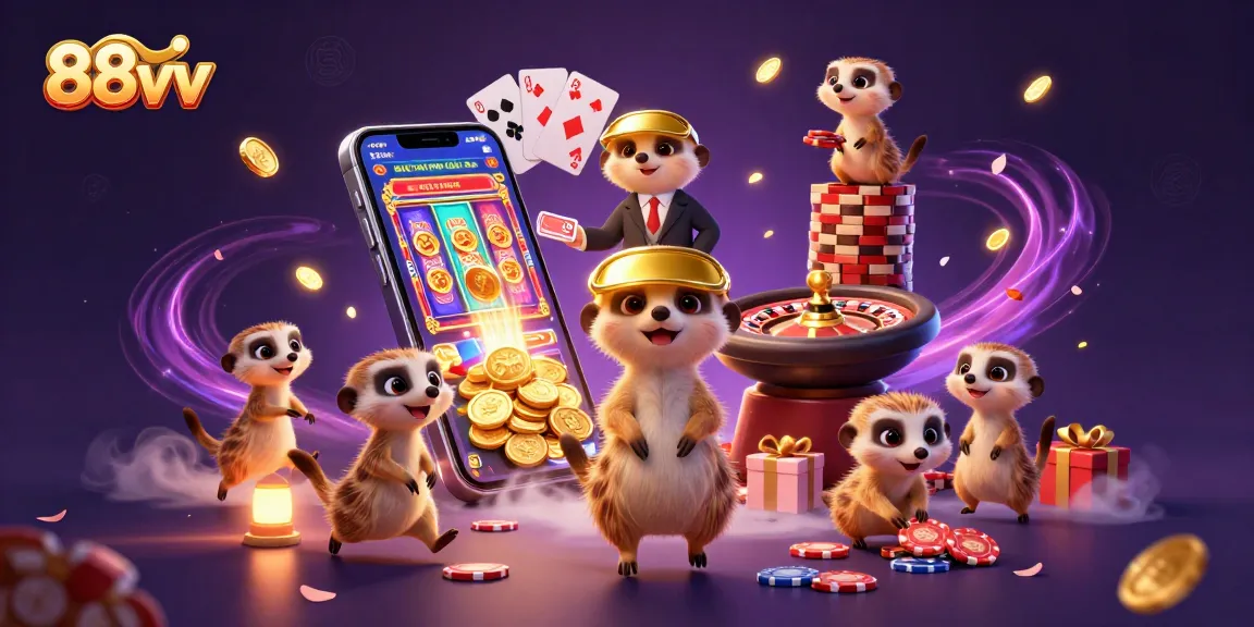 Engage with the vibrant 88vv casino, featuring meerkats in a lively gaming scene.